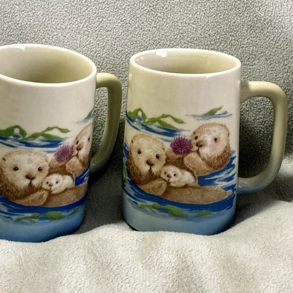 4 Monterey Bay CA Aquarium Sea Otter Family Coffee Tea Mug Cup Otagiri Japan New - Picture 1 of 9